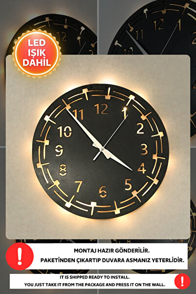 Dekorvin Led Işıklı Minimalist Duvar Saati Sessiz Dekoratif Modern Siyah Ahşa...