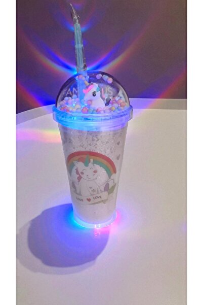 FAMEMUS ACCESSORY Unicorn Işıklı Pipetli Bardak Matara Suluk