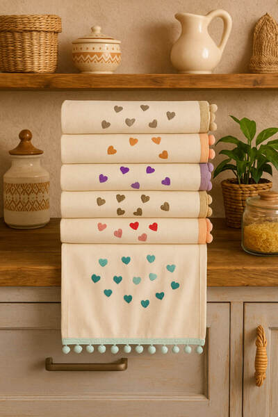 Anadolu Saray 2 Pieces Heart Pompom Drying Cloth 100% Cotton Kitchen Towel Hand and Face Towel