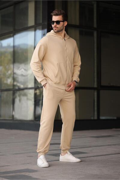 Madmext Bej Kapüşonlu Fermuarlı Basic Erkek Eşofman Takımı E7331
