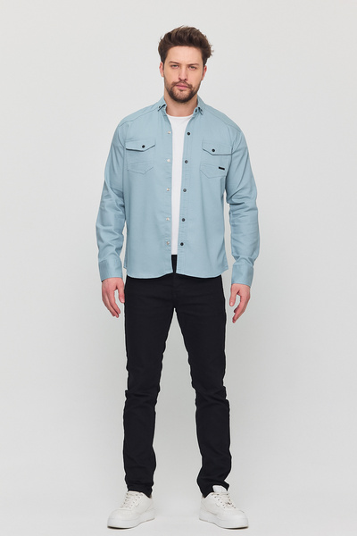 a02teks Ανδρικό πουκάμισο Slim Fit Ανδρικό τζιν πουκάμισο από βαμβάκι