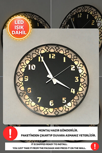 Dekorvin Led Işıklı Minimalist Duvar Saati Sessiz Dekoratif Modern Siyah Ahşa...