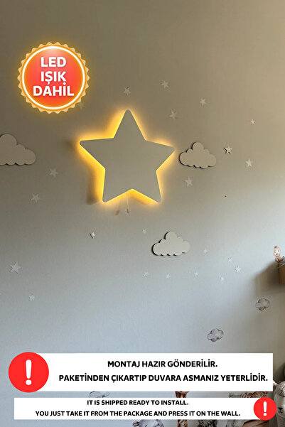 Dekorvin Yıldız Gece Lambası Bebek Çocuk Odası Duvar Dekorasyonu Aydınlatma Ahşap Gece Lambası