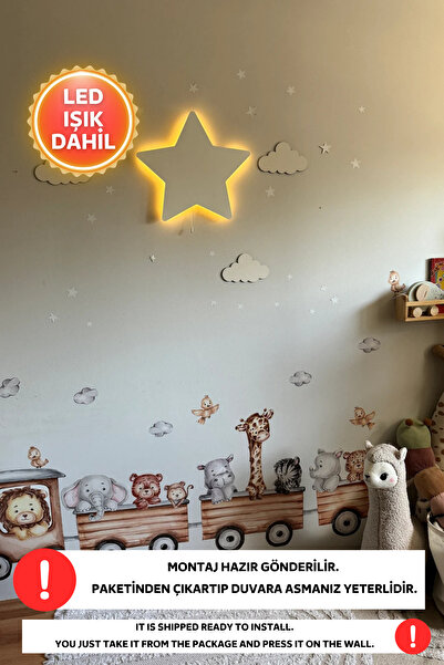 Dekorvin Yıldız Gece Lambası Bebek Çocuk Odası Duvar Dekorasyonu Aydınlatma Ahşap Gece Lambası