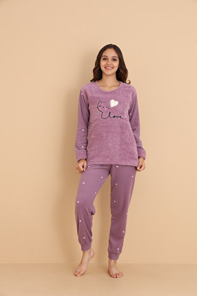 Wordex Fwn 04-3309 Set de pijamale de pluș Welsoft Fleece Winter Soft Heart Cat pentru femei