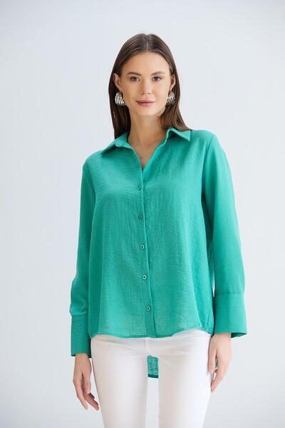 Sortie Women's Water Green Color Long Sleeve Relaxed Fit Midi Length Front Short Back Long Cuffed Linen Shirt