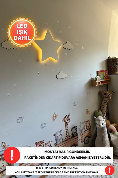Dekorvin Yıldız Gece Lambası Bebek Çocuk Odası Duvar Dekorasyonu Aydınlatma Ahşap Gece Lambası