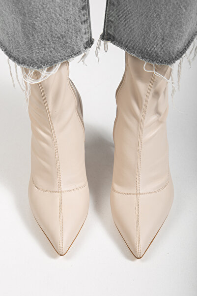 RİSSOLİ Kadın Bej Streç Cilt Yandan Fermuarlı Sivri Burun İnce Topuklu Bot
