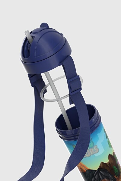 Renga Cosmo Lenticular Dinosaur Patterned 415 ml Pp Children's Water Bottle with Straw and Strap 912149 Blue