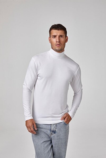 relactive Men's White Long Sleeve Modal High Neck Basic T-Shirt C1T2N6O1