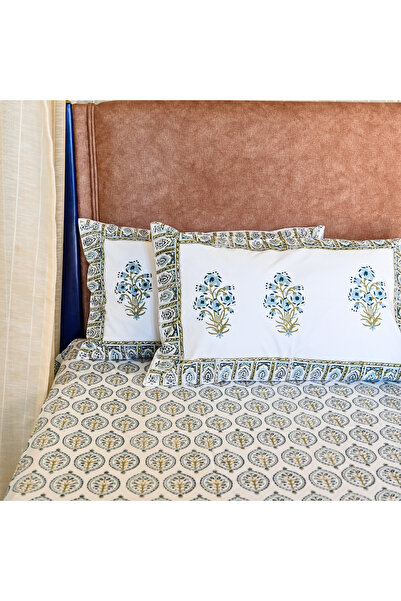 SARAS LABEL Heritage Block Print 100% Cotton Percale Bedsheet with 2 Pillowcases