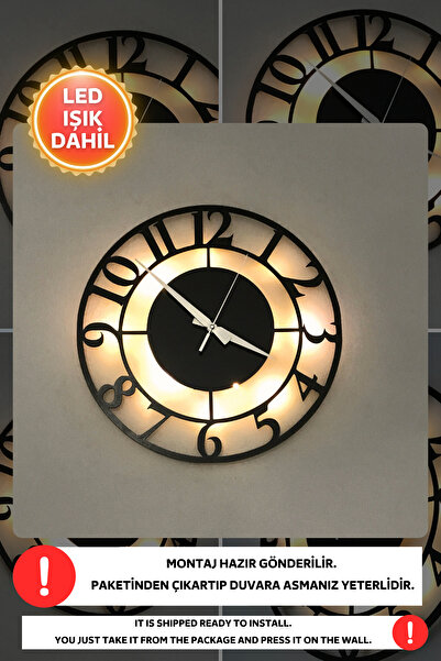 Dekorvin Led Işıklı Modern Duvar Saati Sessiz Dekoratif Modern Siyah Ahşap Du...