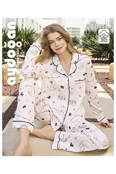Aydoğan Lodos Store Kadın V Yaka Uzun Kollu Önden Düğmeli Pamuklu Pijama Takımı Astroloji Desenli