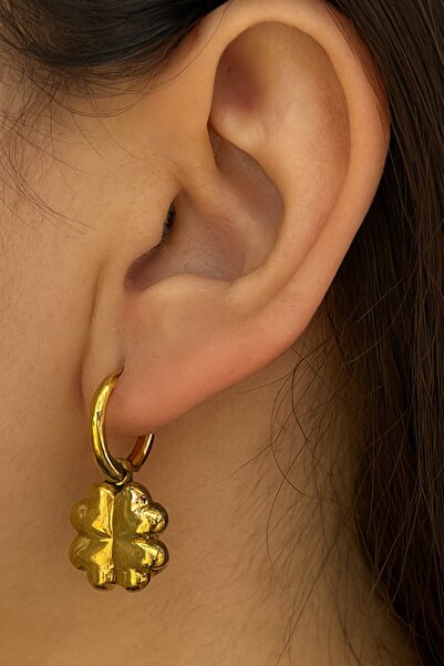 TAKIŞTIR أقراط من الفولاذ على شكل البرسيم باللون الذهبي (زوج)