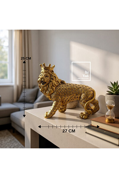 77 Anthony Aslan Heykeli Taçlı Altın Renkli Dekoratif Aslan Figürü Ev Ofis Ak...