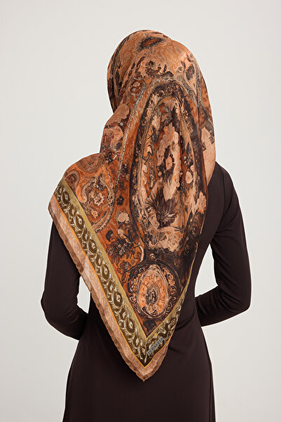 Schaless Golden Garden - Cinnamon - Aurora Patterned Janjan Scarf - 90X90 cm