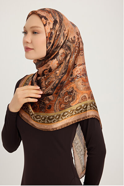 Schaless Golden Garden - Cinnamon - Aurora Patterned Janjan Scarf - 90X90 cm