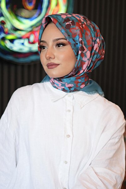 AFVENTE Cherry Blossom Pattern Blue Cotton Scarf