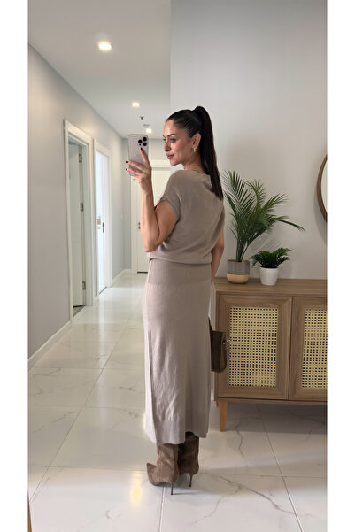 BİRCANÇİL Dlvin Elas Dark Mink Asymmetrical Collar Belted Knitwear Dress