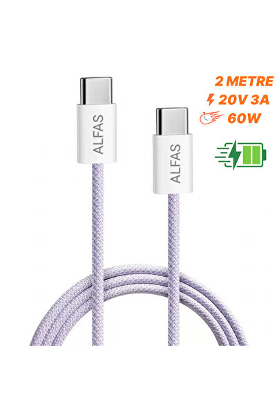 ALFAS Type-C Şarj Kablosu 2m PD 60W 3A 1Gbps Hızlı Şarj & Data Transfer Usb-c...