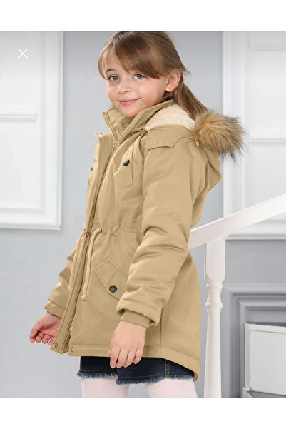 Asortix Kız Çocuk Su Geçirmez Çıkarılabilir Kapüşonlu Pelüş Kürk Astarlı Uzun Mont Kaban