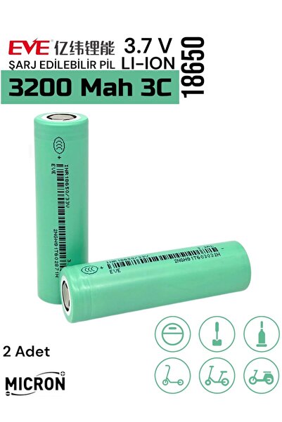 Micron 18650 3.7V (Volt) 3200 MaH 35V Lityum Şarj edilebilir 2 Adet Pil(Batar...