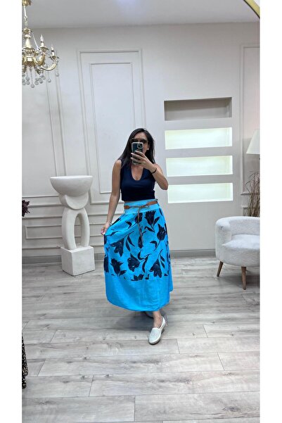 AGORATEKSTİL Women's Italian Belted Rose Patterned Cotton Skirt