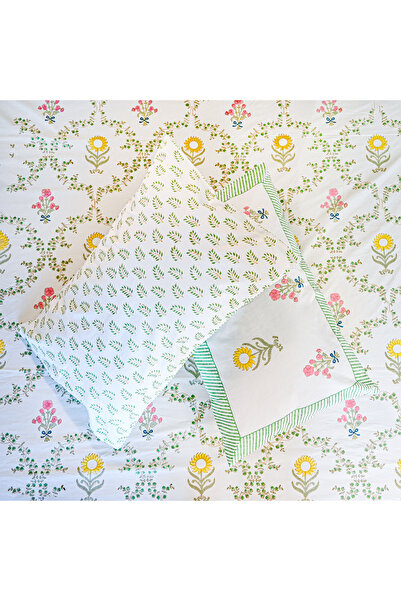 SARAS LABEL Heritage Block Print 100% Cotton Percale Bedsheet with 2 Pillowcases