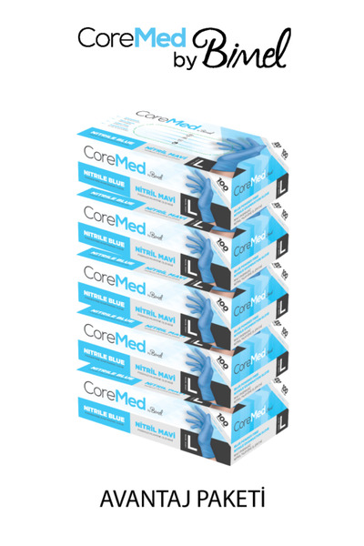 COREMED Nitril Mavi Pudrasız Muayene Eldiveni L - 5 Paket 100 lü