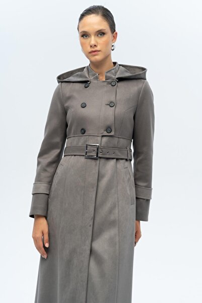 Olcay Mantel mit Kapuze und Garni-Details in Wildlederoptik GRAU 6677