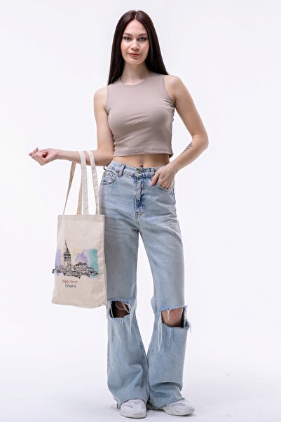 KOSTEBAG İstanbul Galata Tower Baskılı 340gr Gabardin Kumaş 35x40x8cm Bez Çanta