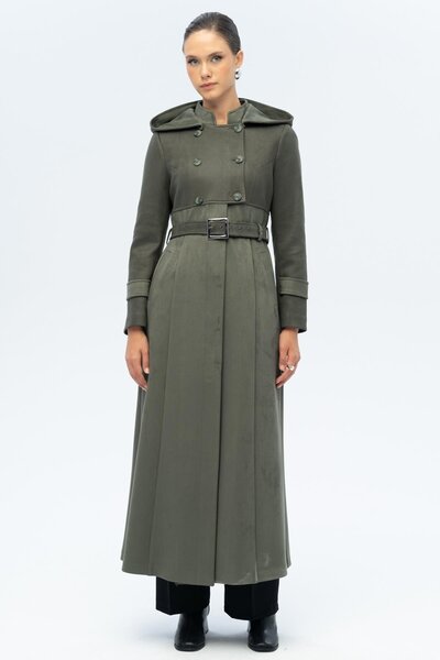 Olcay Hooded Garni Detailed Suede Look Overcoat A.Haki 6677