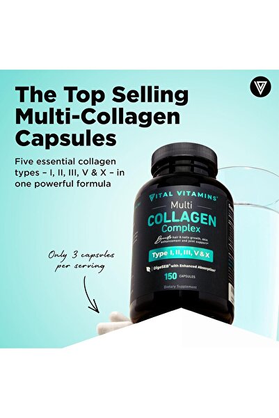 Vital Vitamins Grass Fed Enhanced Multi Collagen Pills (150 Capsules 3300mg)