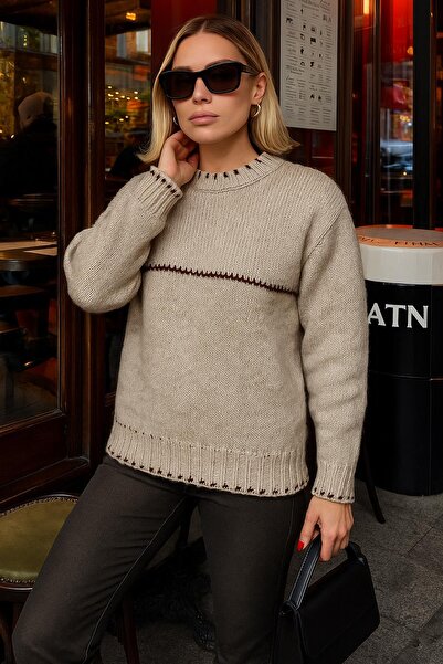 Fashion Friends Crop Bisiklet Yaka Simli Kazak Bej