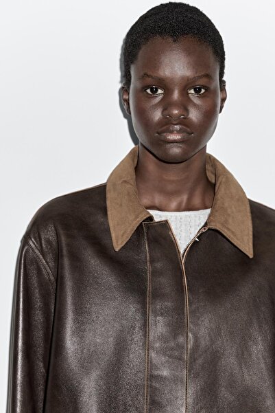 Massimo Dutti Fitilli kadife detaylı napa deri parka