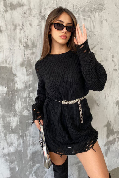 FashionForYou Pulover de dama tricotat Laura, cu decupaje si perforatii in material, Negru