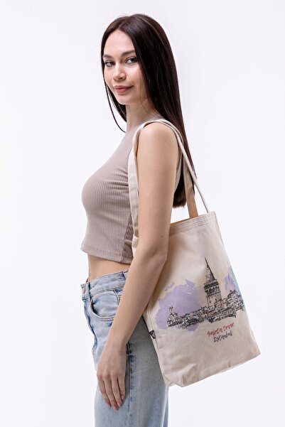 KOSTEBAG İstanbul Galata Tower Baskılı 340gr Gabardin Kumaş 35x40x8cm Bez Çanta