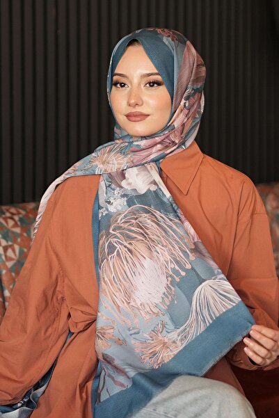 AFVENTE Botanical Floral Pattern Turquoise Cotton Shawl