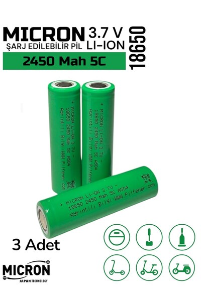 Micron 18650 3.7V (Volt) 2450 MaH 5C Lityum Şarj edilebilir 3 Adet Pil(Batary...
