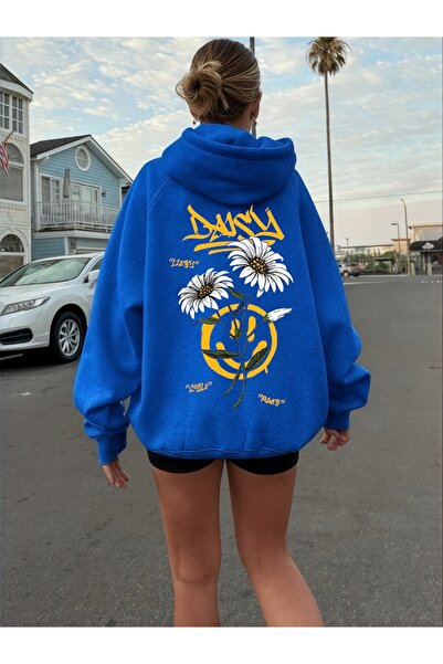 ArtYus سويت شيرت بقلنسوة كبير الحجم من القطن مطبوع عليه زهرة الأقحوان الملونة...