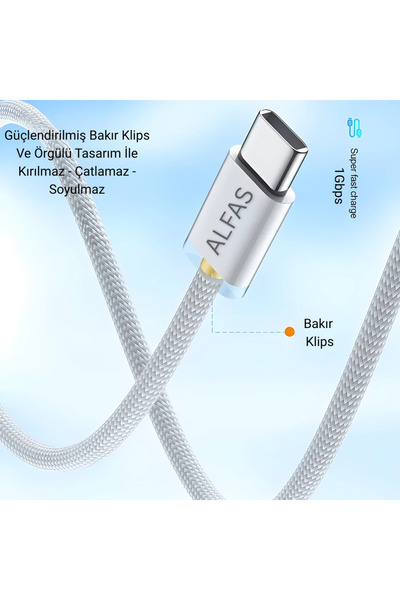 ALFAS Type-C Şarj Kablosu 2m PD 60W 3A 1Gbps Hızlı Şarj & Data Transfer Usb-c Iphone Android Örgülü Kablo