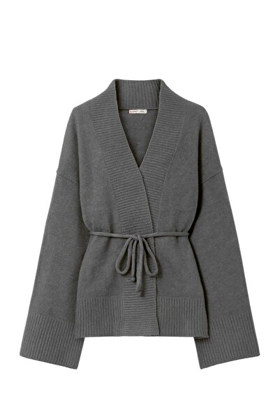 Mixray 6966 women's v-neck knitted cardigan with rope tie anthracite