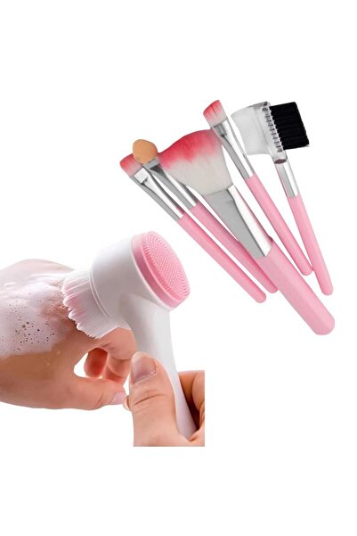 Mugan فرشاة تجميل للسفر مكونة من 5 قطع باللون الوردي وفرشاة غسل الوجه