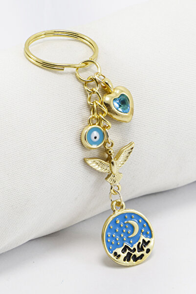 biuti Breloc cu placă decorativă cu peisaj montan, inimă și pasăre, cu inel a...