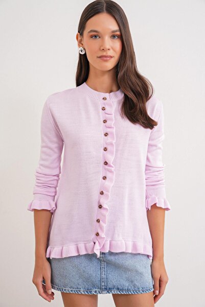 Mixray 6964 Women's Plain Ruffled Buttoned Cardigan Pink