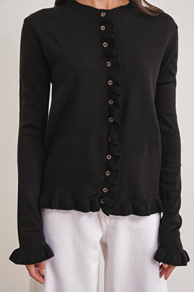 Mixray 6964 Women's Plain Ruffled Buttoned Cardigan Black