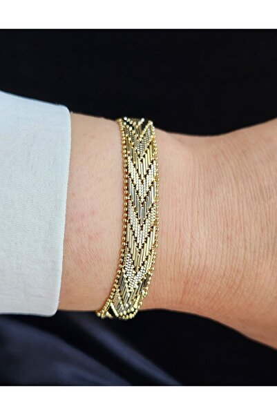 SENDEAL SHOP 14K Altın Kaplama Hasır Bileklik XP064 -Balık Sırtı -İtalyan Örgü