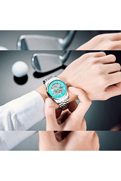 Tio Ceas mecanic automat analogic cu vânt automat, schelet, clasic din oțel, ace luminoase elegante, argintiu