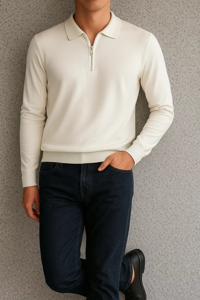 SILVANO Men's Long Sleeve Half Zip White Sweatshirt