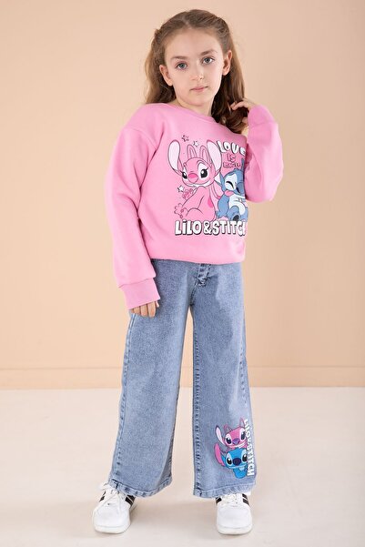 Cansın Mini Pembe Love Karakter Baskılı Şardonlu Badili Kız Çocuk Pantolonlu 2li Takım 22744